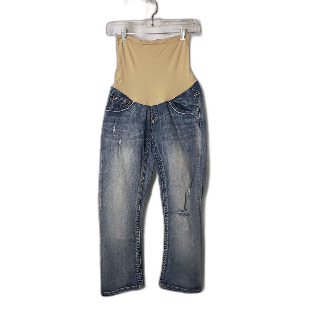 Indigo Blue Distressed Maternity Jeans With Embroidered Flap Pockets Size Large